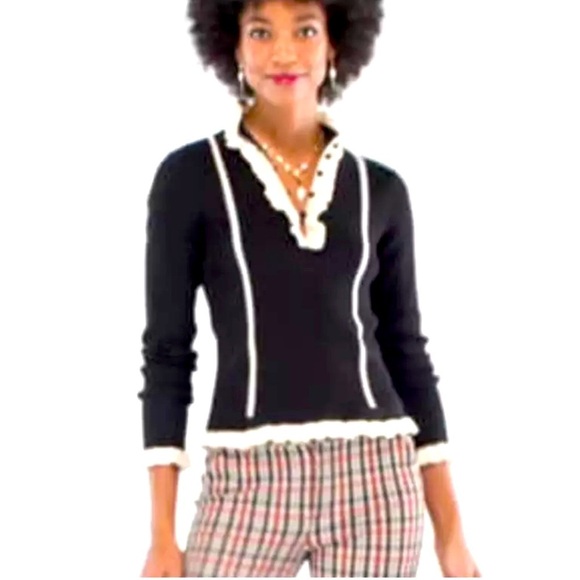 Cabi Adorn pullover cotton blend sweater black & white ruffle trim size M - Picture 1 of 10